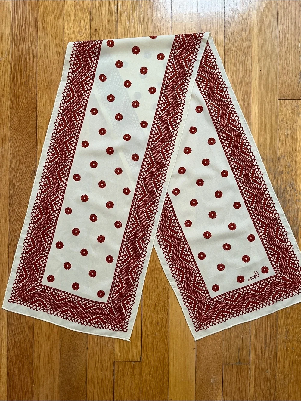 70s Vintage Vera Long Scarf Rust Red Brown & Cream Hand Rolled Headscarf